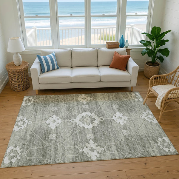 HomeRoots 5' Olive Green & Ivory Floral Medallion Area Rug – Washable, UV-Protected, Stain-Resistant Charm! 645117