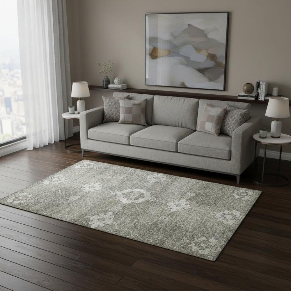 HomeRoots 5' Olive Green & Ivory Floral Medallion Area Rug – Washable, UV-Protected, Stain-Resistant Charm! 645117