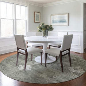 HomeRoots 8' Olive Green Floral Medallion Round Rug - Washable, UV Protected, Stain Resistant for Family Homes 645118