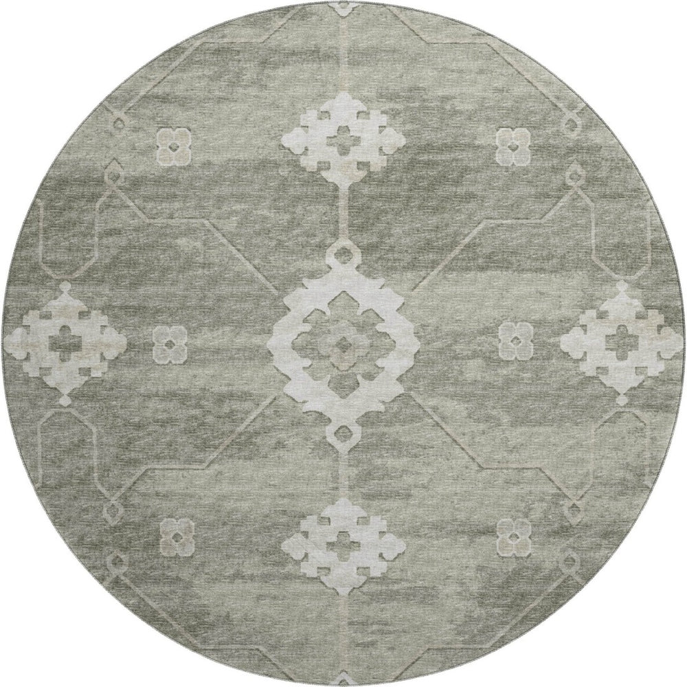 HomeRoots 8' Olive Green Floral Medallion Round Rug - Washable, UV Protected, Stain Resistant for Family Homes 645118
