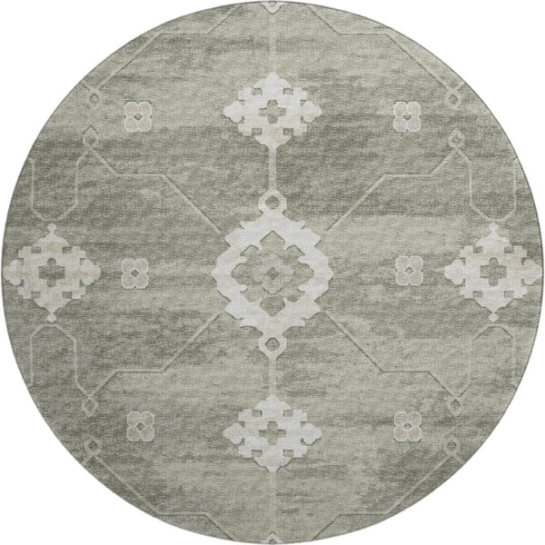 HomeRoots 8' Olive Green Floral Medallion Round Rug - Washable, UV Protected, Stain Resistant for Family Homes 645118