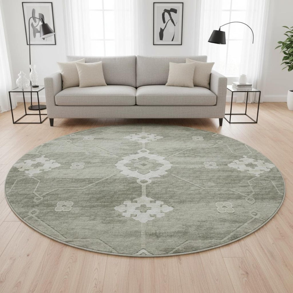 HomeRoots 8' Olive Green Floral Medallion Round Rug - Washable, UV Protected, Stain Resistant for Family Homes 645118
