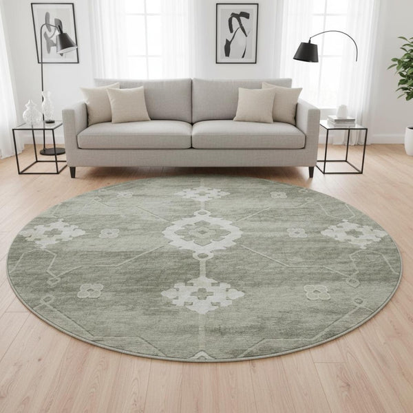 HomeRoots 8' Olive Green Floral Medallion Round Rug - Washable, UV Protected, Stain Resistant for Family Homes 645118