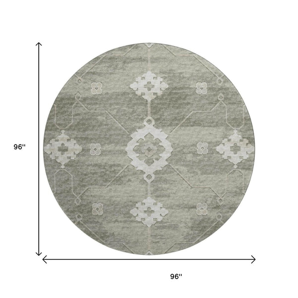 HomeRoots 8' Olive Green Floral Medallion Round Rug - Washable, UV Protected, Stain Resistant for Family Homes 645118