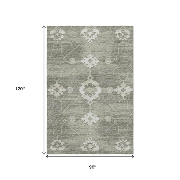 HomeRoots 8' X 10' Olive Green & Ivory Floral Medallion Area Rug - Washable, UV-Protected, Pet-Friendly Design 645119