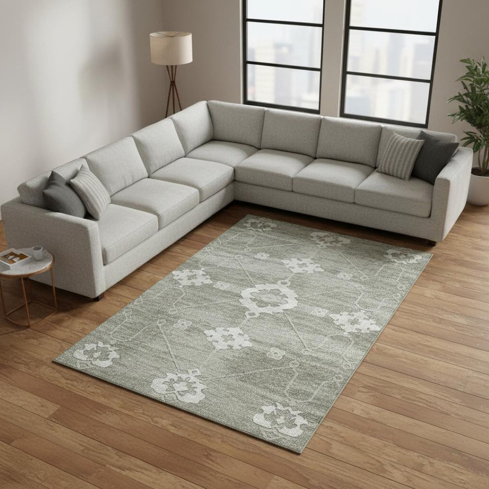 HomeRoots 8' X 10' Olive Green & Ivory Floral Medallion Area Rug - Washable, UV-Protected, Pet-Friendly Design 645119