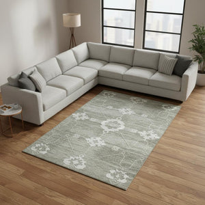 HomeRoots 8' X 10' Olive Green & Ivory Floral Medallion Area Rug - Washable, UV-Protected, Pet-Friendly Design 645119