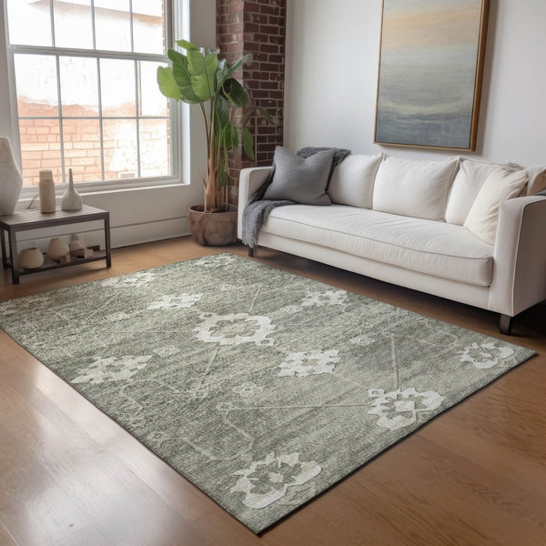 HomeRoots 9' X 12' Olive Green Floral Medallion Area Rug - Washable, UV Protected, Durable for High-Traffic Homes 645120