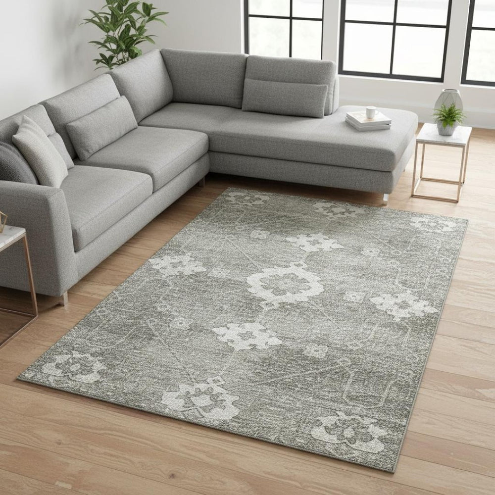 HomeRoots 9' X 12' Olive Green Floral Medallion Area Rug - Washable, UV Protected, Durable for High-Traffic Homes 645120