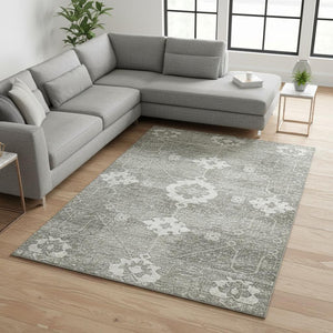 HomeRoots 9' X 12' Olive Green Floral Medallion Area Rug - Washable, UV Protected, Durable for High-Traffic Homes 645120