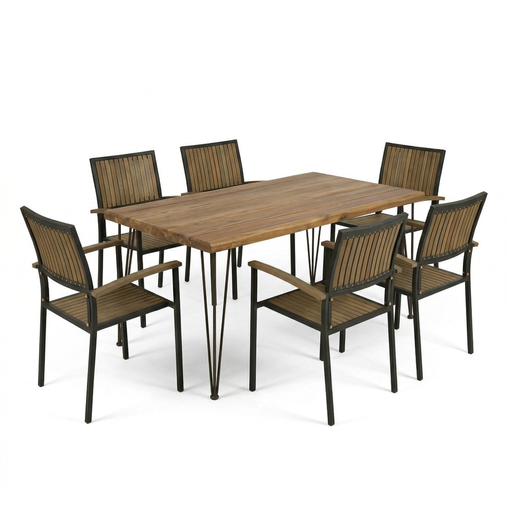 English Elm 7 Piece Outdoor Acacia Wood Dining Set Seats Six with Iron Hairpin Legs Patio N762S000031AAE