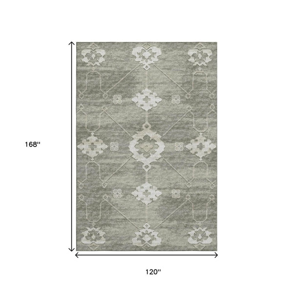 HomeRoots 10' X 14' Olive Green & Ivory Floral Medallion Area Rug - Washable, Stain Resistant, UV Protected Decor 645121