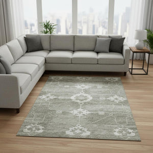 HomeRoots 10' X 14' Olive Green & Ivory Floral Medallion Area Rug - Washable, Stain Resistant, UV Protected Decor 645121