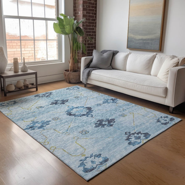 HomeRoots 5' X 8' Floral Medallion Area Rug in Blue and Olive Green - Washable, UV Protected & Durable Design 645123