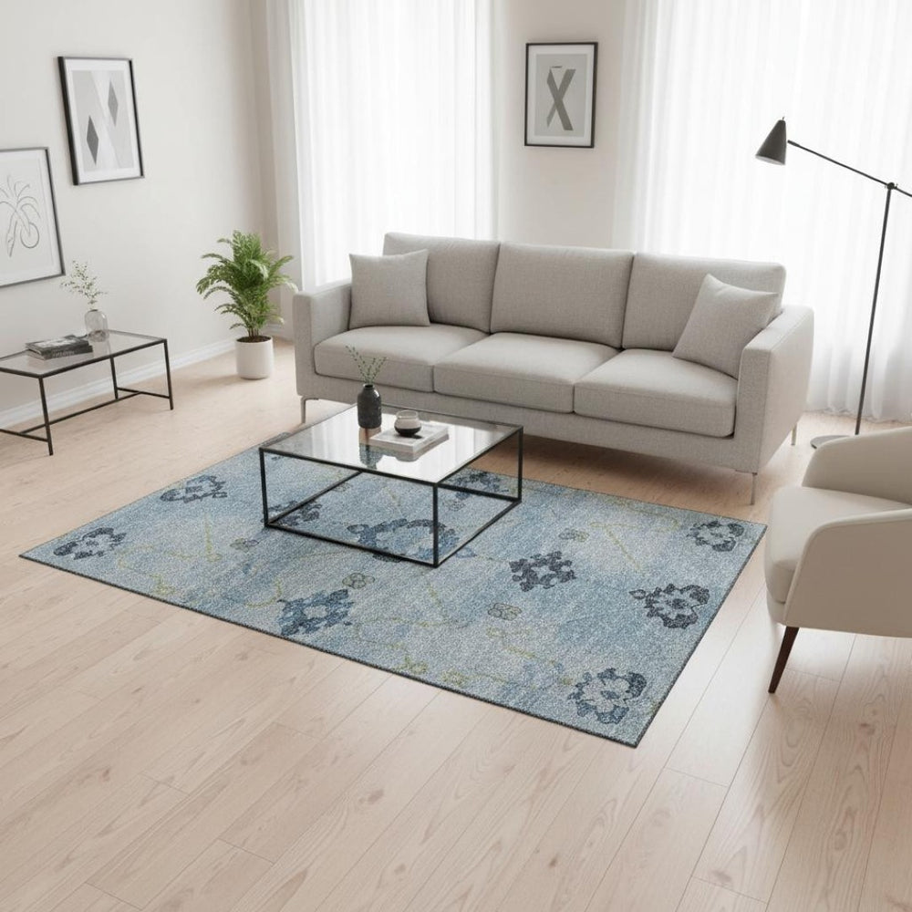 HomeRoots 5' X 8' Floral Medallion Area Rug in Blue and Olive Green - Washable, UV Protected & Durable Design 645123