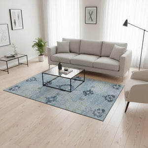 HomeRoots 5' X 8' Floral Medallion Area Rug in Blue and Olive Green - Washable, UV Protected & Durable Design 645123