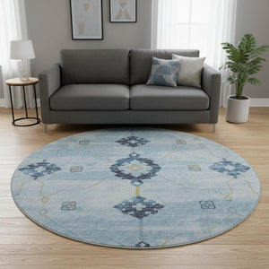 HomeRoots 8' Blue and Olive Green Floral Medallion Round Rug - Washable, UV Protected, Stain Resistant Beauty 645124