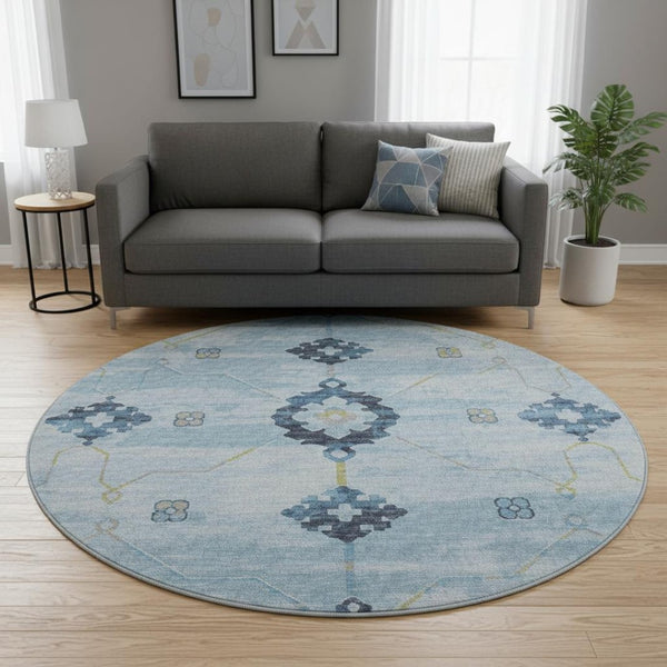 HomeRoots 8' Blue and Olive Green Floral Medallion Round Rug - Washable, UV Protected, Stain Resistant Beauty 645124