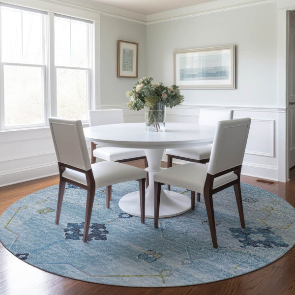 HomeRoots 8' Blue and Olive Green Floral Medallion Round Rug - Washable, UV Protected, Stain Resistant Beauty 645124