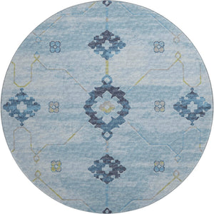 HomeRoots 8' Blue and Olive Green Floral Medallion Round Rug - Washable, UV Protected, Stain Resistant Beauty 645124