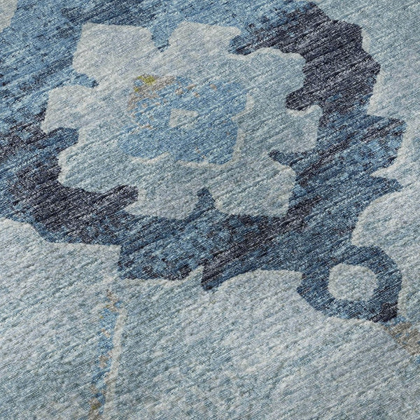 HomeRoots 8' Blue and Olive Green Floral Medallion Round Rug - Washable, UV Protected, Stain Resistant Beauty 645124