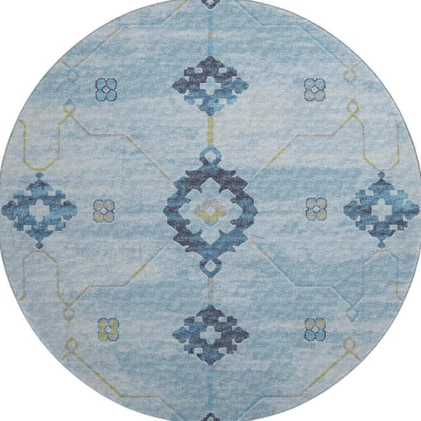 HomeRoots 8' Blue and Olive Green Floral Medallion Round Rug - Washable, UV Protected, Stain Resistant Beauty 645124