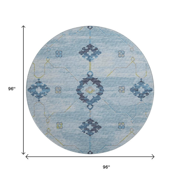 HomeRoots 8' Blue and Olive Green Floral Medallion Round Rug - Washable, UV Protected, Stain Resistant Beauty 645124