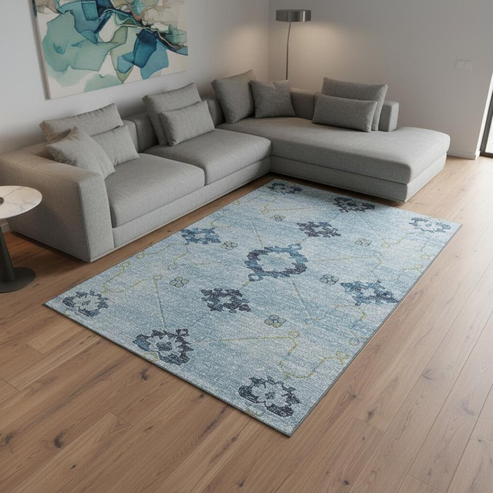 HomeRoots 8' X 10' Floral Medallion Area Rug in Blue & Olive Green – Washable, UV-Protected & Stain-Resistant 645125