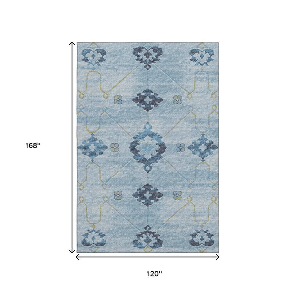 HomeRoots 10' Blue & Olive Green Floral Medallion Area Rug - Washable, UV Protected, Perfect for High Traffic Spaces 645127