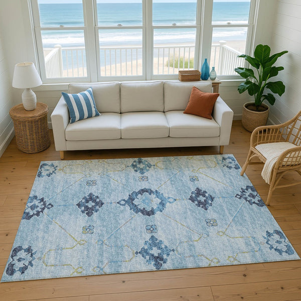 HomeRoots 10' Blue & Olive Green Floral Medallion Area Rug - Washable, UV Protected, Perfect for High Traffic Spaces 645127