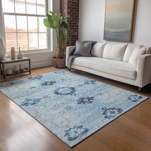 HomeRoots 10' Blue & Olive Green Floral Medallion Area Rug - Washable, UV Protected, Perfect for High Traffic Spaces 645127