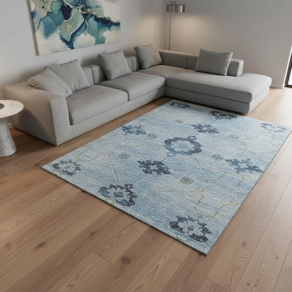 HomeRoots 10' Blue & Olive Green Floral Medallion Area Rug - Washable, UV Protected, Perfect for High Traffic Spaces 645127