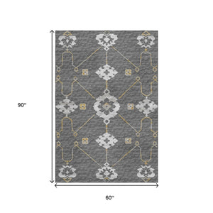HomeRoots 5' X 8' Gray Ivory Gold Floral Medallion Area Rug - Elegant, Washable, UV Protected for Durability 645129
