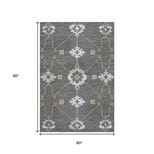HomeRoots 5' X 8' Gray Ivory Gold Floral Medallion Area Rug - Elegant, Washable, UV Protected for Durability 645129