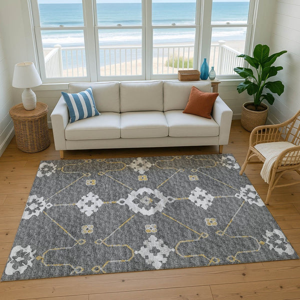 HomeRoots 5' X 8' Gray Ivory Gold Floral Medallion Area Rug - Elegant, Washable, UV Protected for Durability 645129