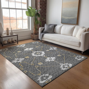 HomeRoots 5' X 8' Gray Ivory Gold Floral Medallion Area Rug - Elegant, Washable, UV Protected for Durability 645129