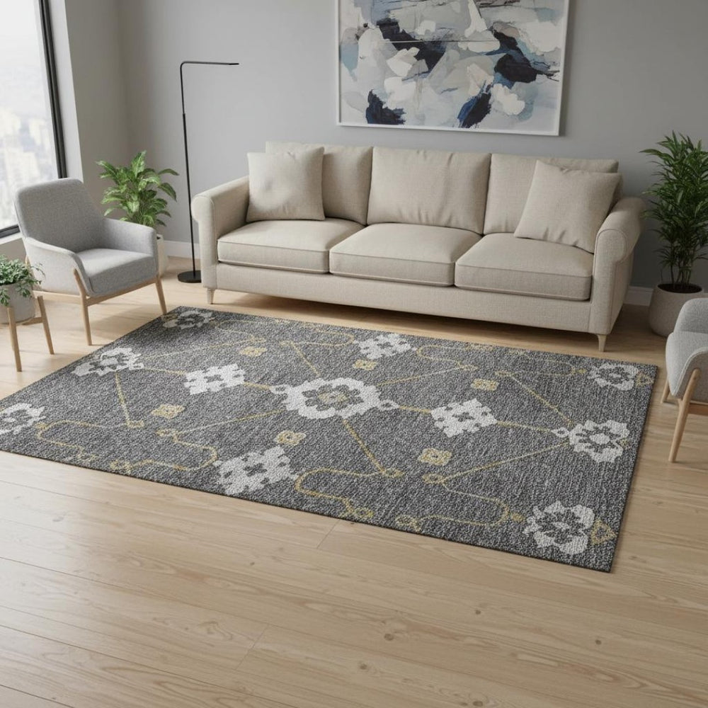 HomeRoots 5' X 8' Gray Ivory Gold Floral Medallion Area Rug - Elegant, Washable, UV Protected for Durability 645129