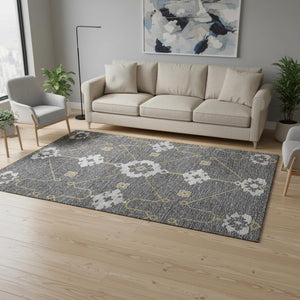 HomeRoots 5' X 8' Gray Ivory Gold Floral Medallion Area Rug - Elegant, Washable, UV Protected for Durability 645129