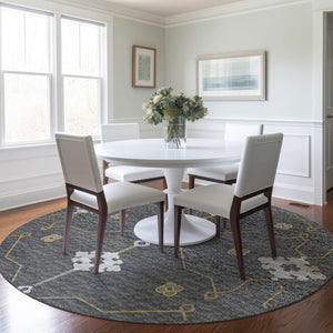 HomeRoots 8' Elegant Gray Ivory and Gold Floral Medallion Washable Round Rug with UV Protection & Durability 645130