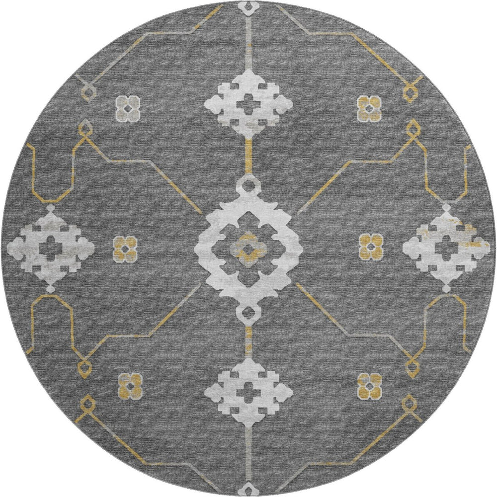 HomeRoots 8' Elegant Gray Ivory and Gold Floral Medallion Washable Round Rug with UV Protection & Durability 645130
