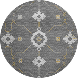 HomeRoots 8' Elegant Gray Ivory and Gold Floral Medallion Washable Round Rug with UV Protection & Durability 645130