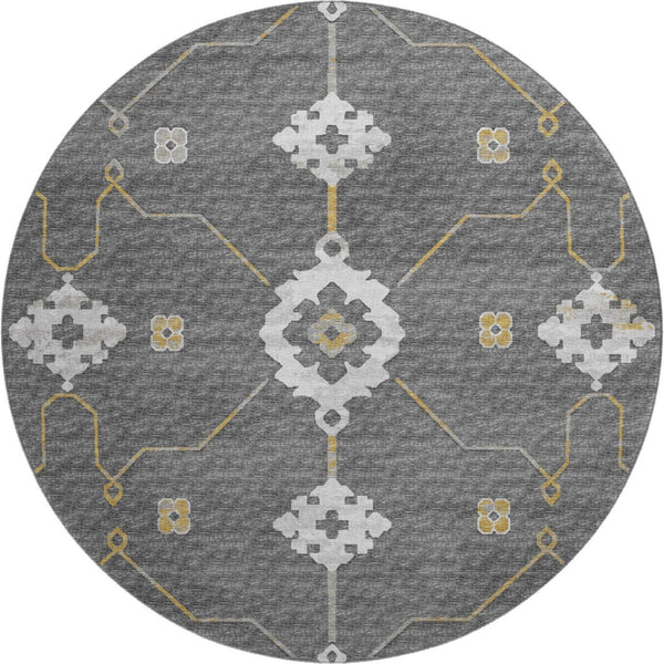 HomeRoots 8' Elegant Gray Ivory and Gold Floral Medallion Washable Round Rug with UV Protection & Durability 645130