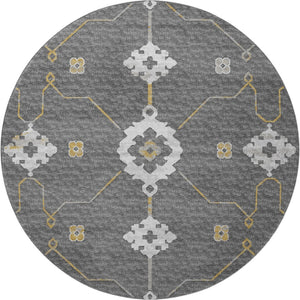 HomeRoots 8' Elegant Gray Ivory and Gold Floral Medallion Washable Round Rug with UV Protection & Durability 645130
