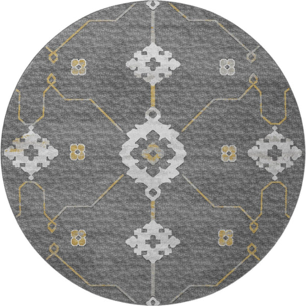 HomeRoots 8' Elegant Gray Ivory and Gold Floral Medallion Washable Round Rug with UV Protection & Durability 645130