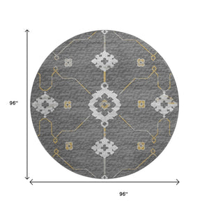 HomeRoots 8' Elegant Gray Ivory and Gold Floral Medallion Washable Round Rug with UV Protection & Durability 645130