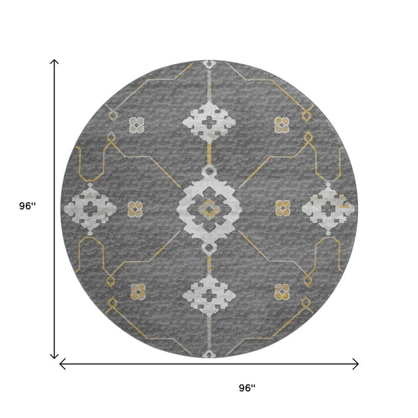 HomeRoots 8' Elegant Gray Ivory and Gold Floral Medallion Washable Round Rug with UV Protection & Durability 645130