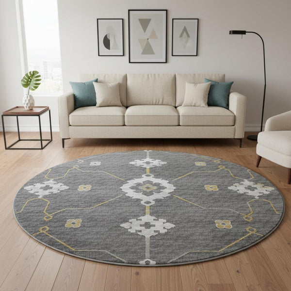 HomeRoots 8' Elegant Gray Ivory and Gold Floral Medallion Washable Round Rug with UV Protection & Durability 645130