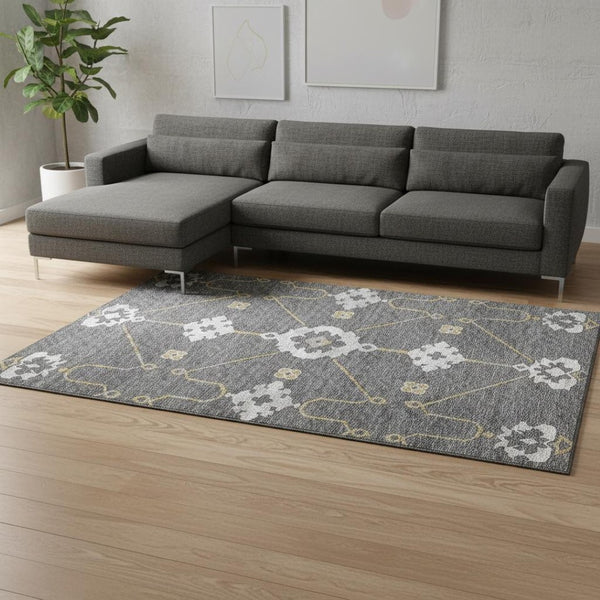 HomeRoots 8' X 10' Elegant Gray Ivory Gold Floral Medallion Area Rug - Washable, Stain Resistant & UV Protected 645131