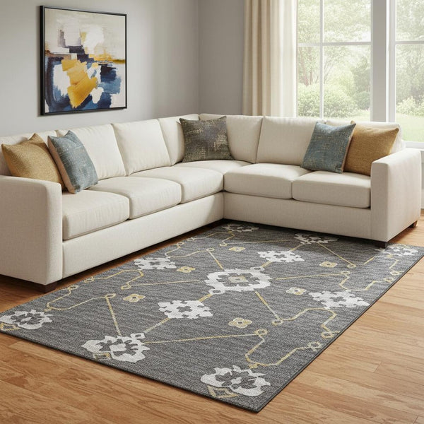 HomeRoots 9' X 12' Gray Ivory Gold Floral Medallion Area Rug - Durable, Washable, UV Protected for All Rooms! 645132