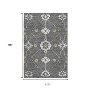 HomeRoots 10' Gray Ivory Gold Floral Medallion Area Rug - Washable, UV Protected, Stain Resistant, Durable Design 645133